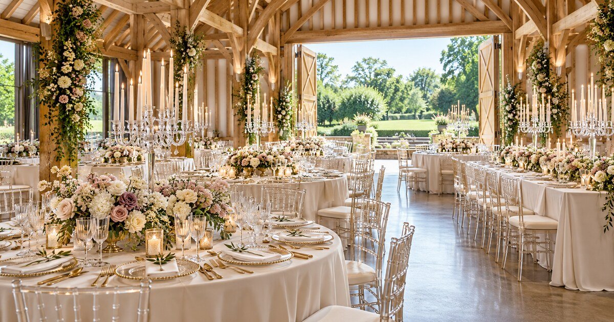 Elegant rustic garden-barn wedding reception with ivory tables, crystal candelabras, blush florals and gold accents