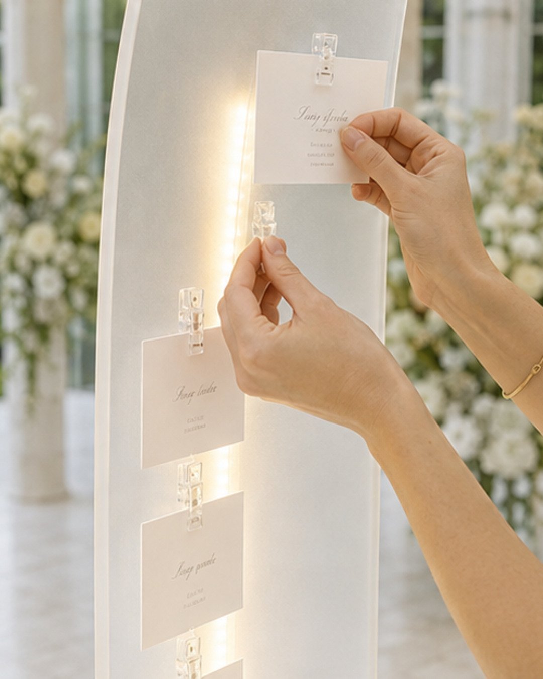 Decorator hands attaching an ivory escort card with a clear clip to a softly glowing translucent sail
