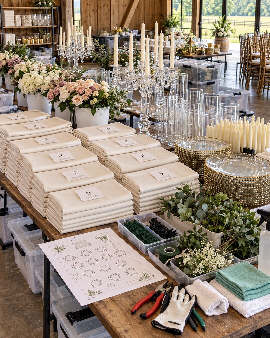 Organized wedding décor preparation with ivory linens, crystal candelabras, gold-trimmed chargers, floral buckets, tools and a reception floor plan