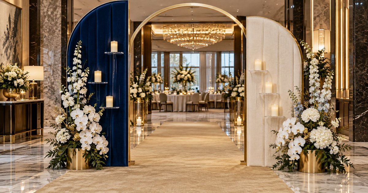 DIY Sapphire-and-Ivory Wedding Welcome Arch With Floating Candle Shelves