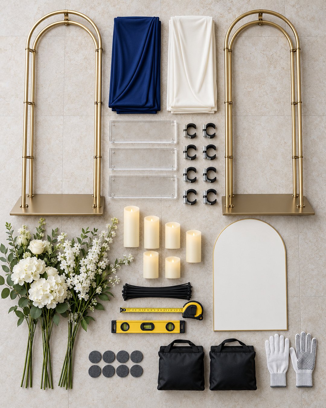Sapphire and ivory wedding welcome arch supplies including gold frames, fabric covers, acrylic shelves, clamps, flameless candles, tools, floor pads, weights and florals