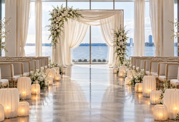 Elegant ivory and champagne wedding aisle with warm candlelight and refined floral accents