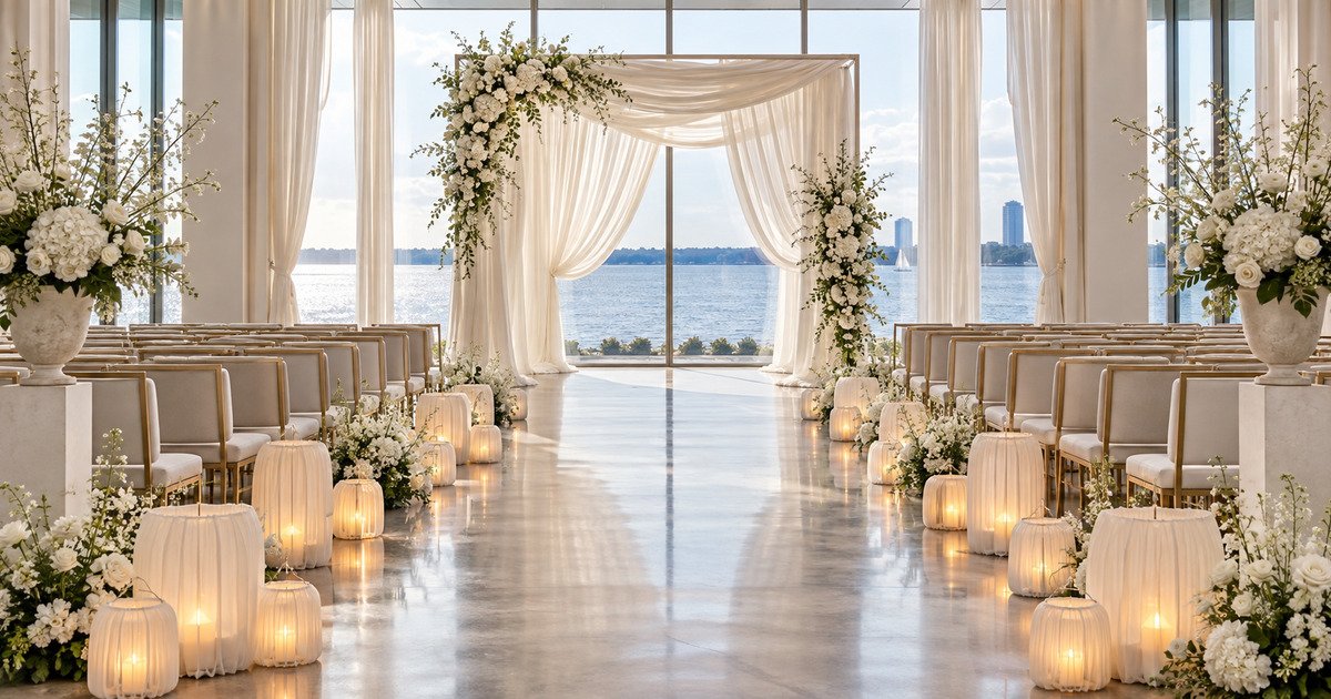 Elegant ivory and champagne wedding aisle with warm candlelight and refined floral accents