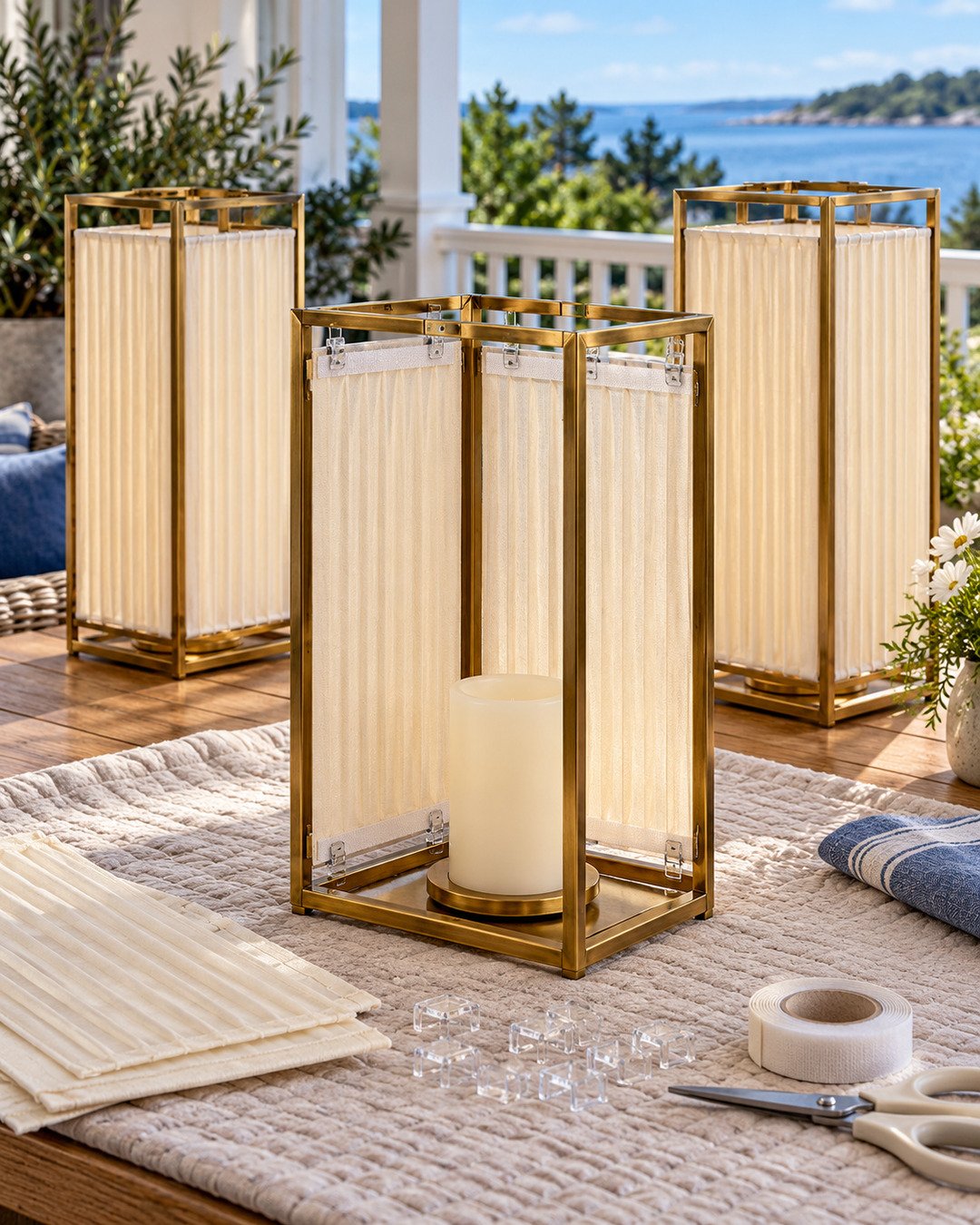 Brass lantern frame halfway fitted with removable ivory pleated linen panels held by small clear clips around a battery LED candle