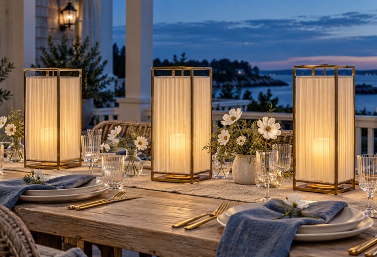 Three brass pleated-linen lanterns with battery LED candles on an elegant smoky-blue coastal porch dinner table