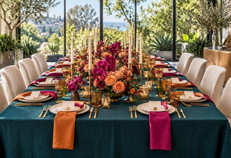 Jewel-tone 40th birthday dinner table for twelve with teal linen, magenta orchids, apricot roses, amber glassware and gold candlelight