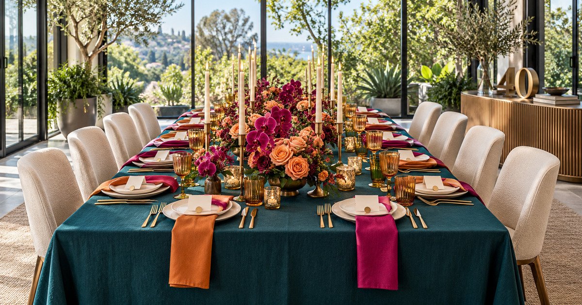 Jewel-tone 40th birthday dinner table for twelve with teal linen, magenta orchids, apricot roses, amber glassware and gold candlelight