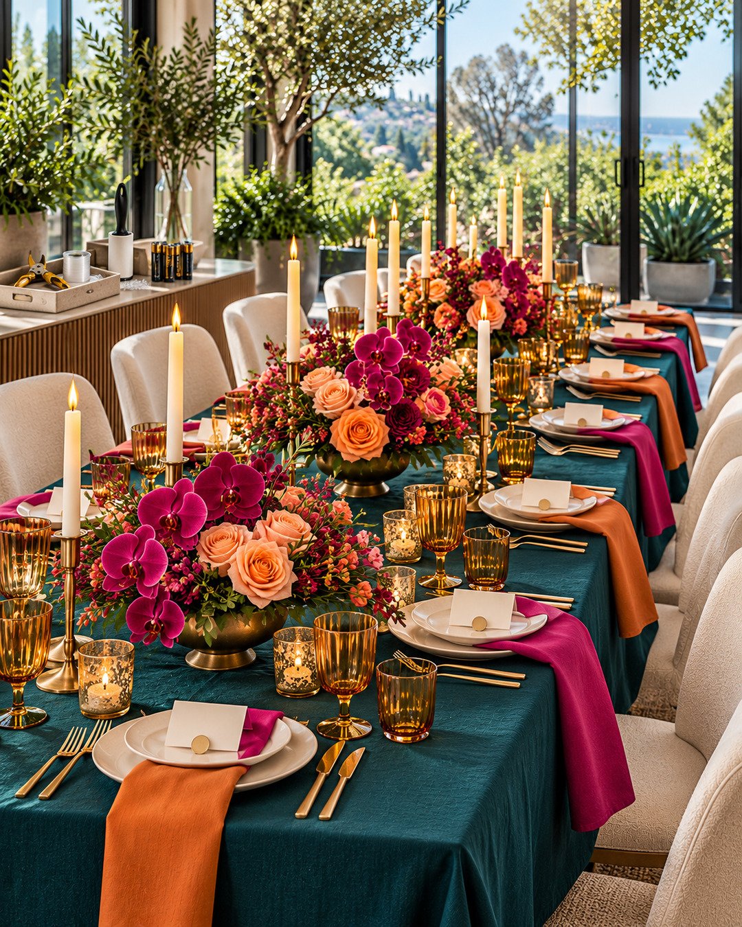 Finished jewel-tone 40th birthday dinner table with low orchid and rose arrangements, flameless tapers and aligned place settings