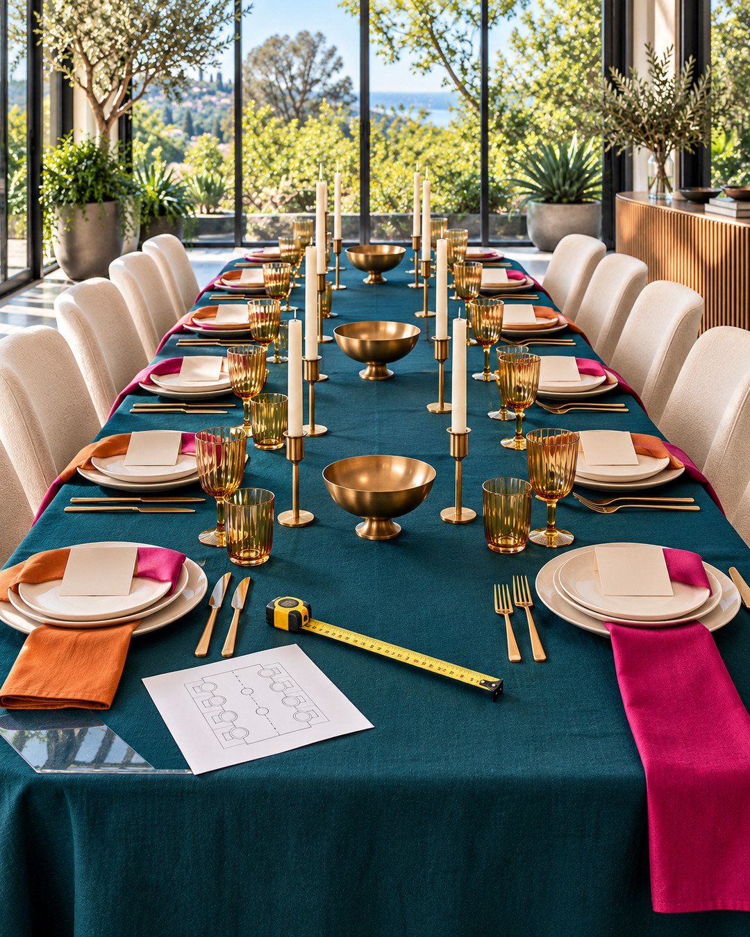 Measured twelve-place table layout with teal linen, ivory plates, gold flatware, amber glasses and alternating magenta and apricot napkins