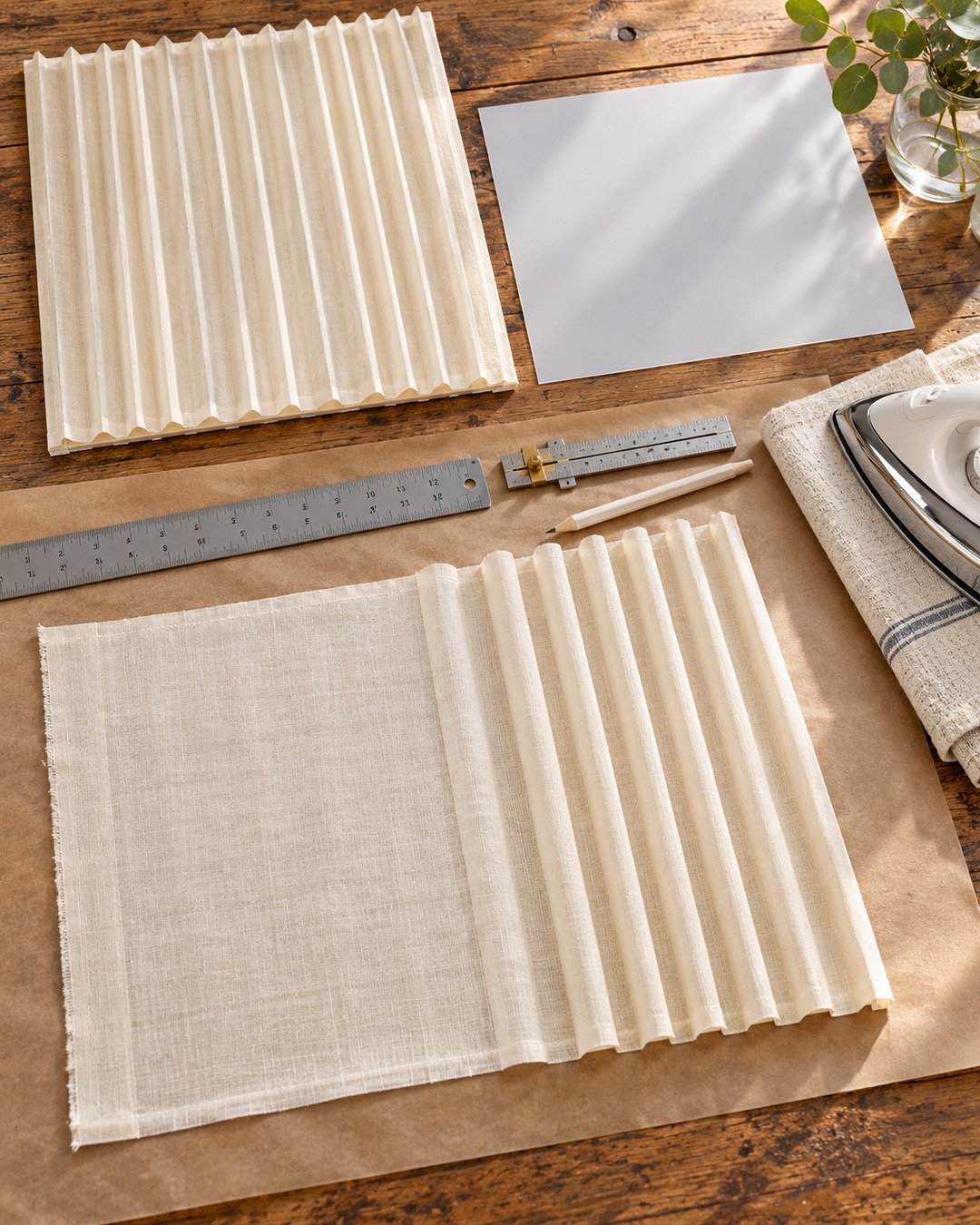 Warm-ivory linen being measured and pressed into even accordion pleats beside a finished panel and diffuser backing