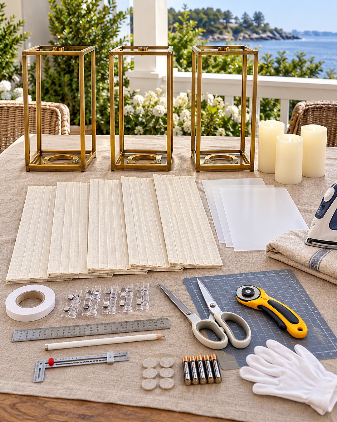 Brass lantern frames, ivory linen, diffuser film, battery pillar candles, clear clips and measuring tools for pleated-linen lanterns