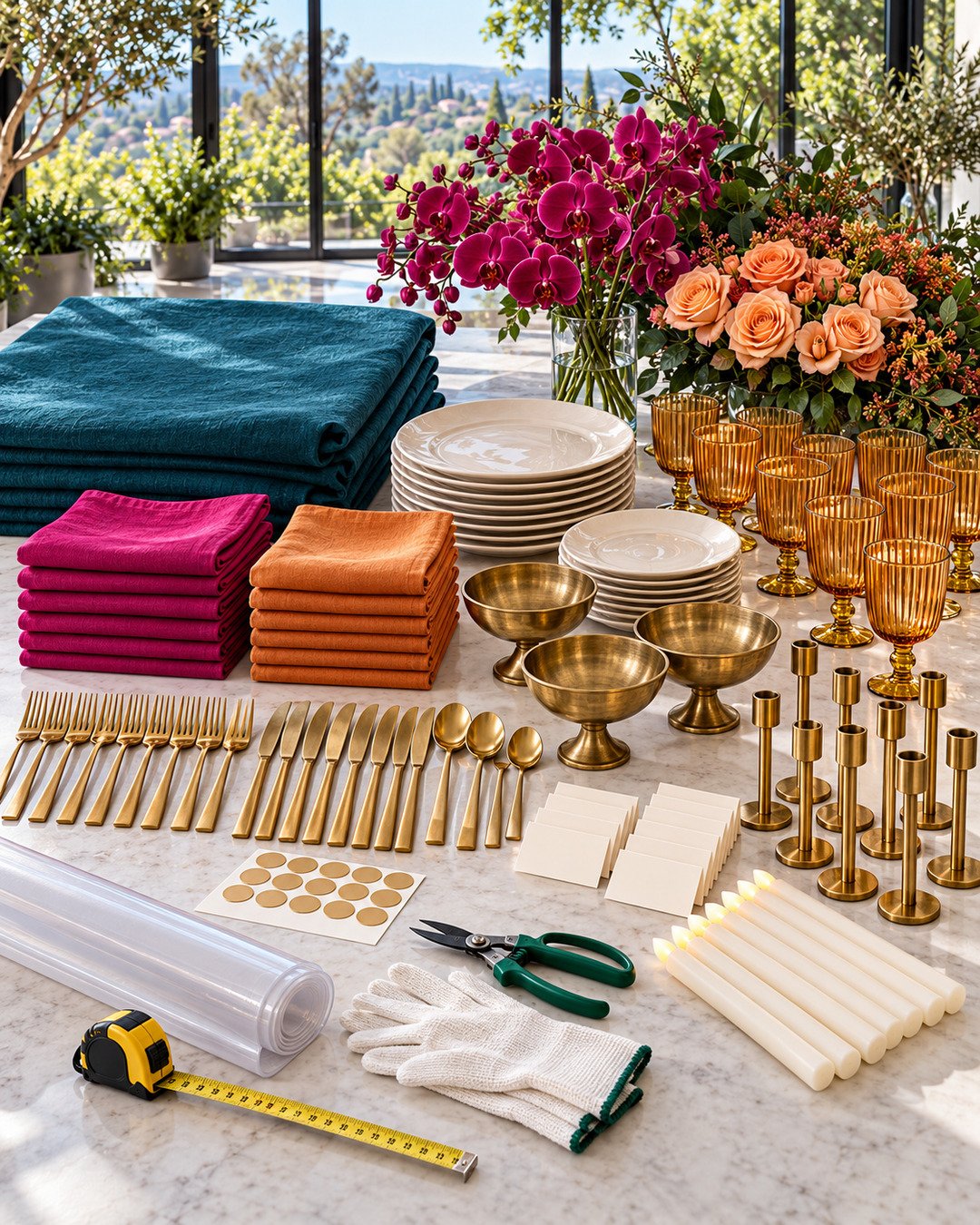 Deep teal linen, magenta and apricot napkins, ivory plates, amber glasses, brass vessels and styling tools prepared for a 40th birthday dinner