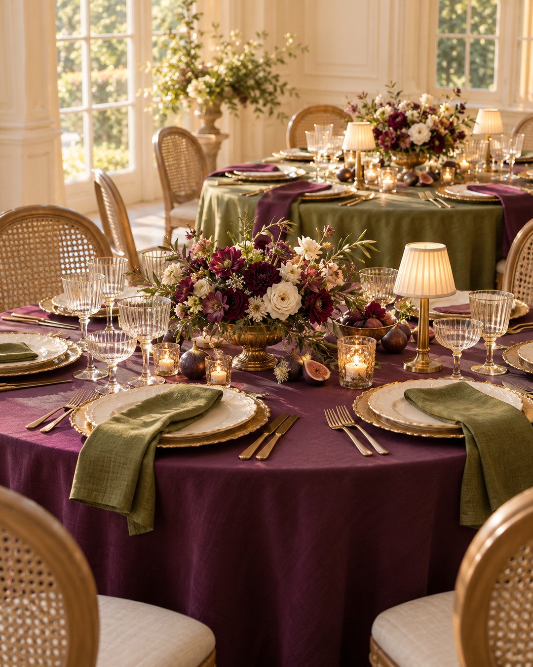 Two plum and olive luxury wedding table color options in a sunlit reception room
