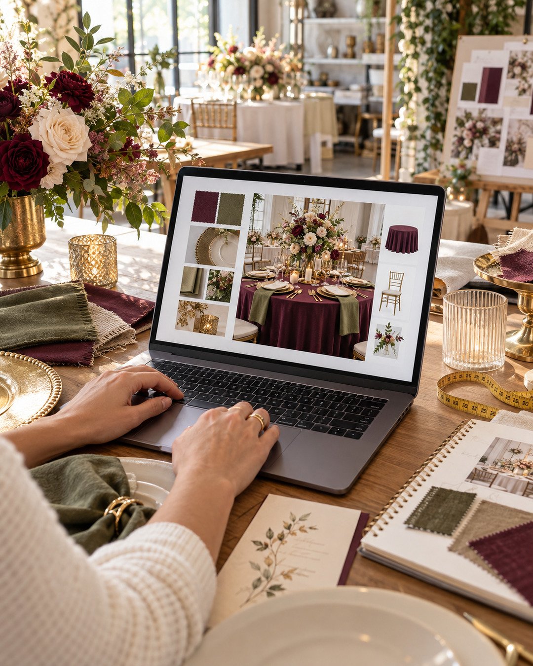 Event designer creating a plum and olive wedding table mockup on a laptop